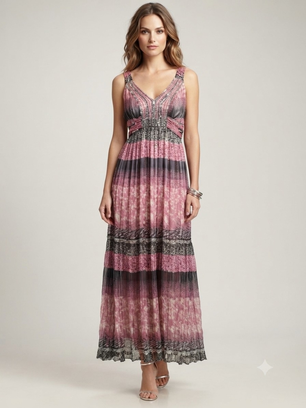 Embellished V-Neck Pink Patterned Maxi Dress